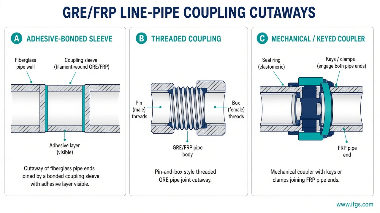 Cutaway gallery of common fiberglass coupling styles for GRE and FRP line pipe