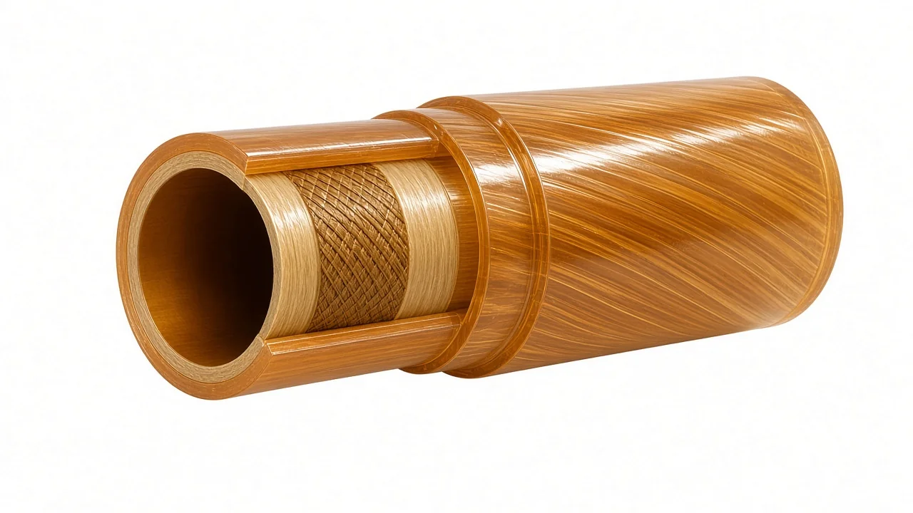 Fiberglass GRE pipe male spigot end cutaway showing wall layers