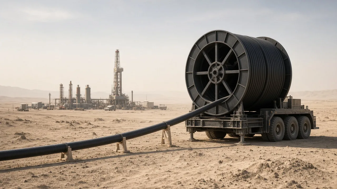 Spoolable RTP reel unspooling composite pipe across arid oilfield