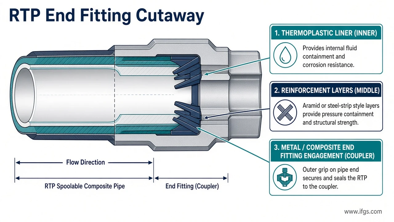 Cutaway of RTP spoolable end fitting showing liner, reinforcement, and end-fitting engagement