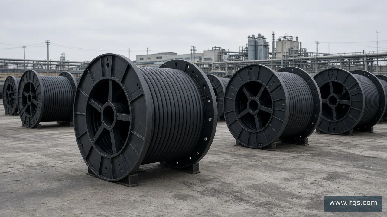 Spoolable RTP reels staged in a Dongying-plausible industrial yard