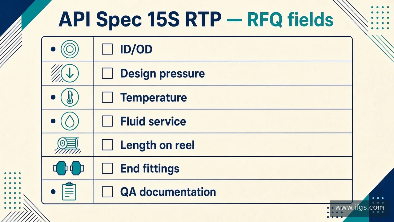 Buyer RFQ fields board for API Spec 15S RTP: ID/OD, pressure, temperature, fluid, length on reel, end fittings, QA documents