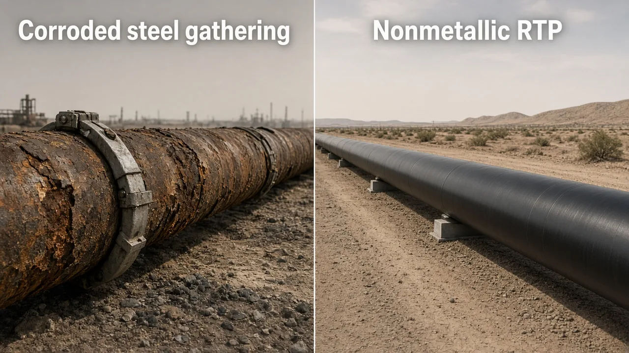 Side-by-side corroded steel gathering line versus intact nonmetallic RTP