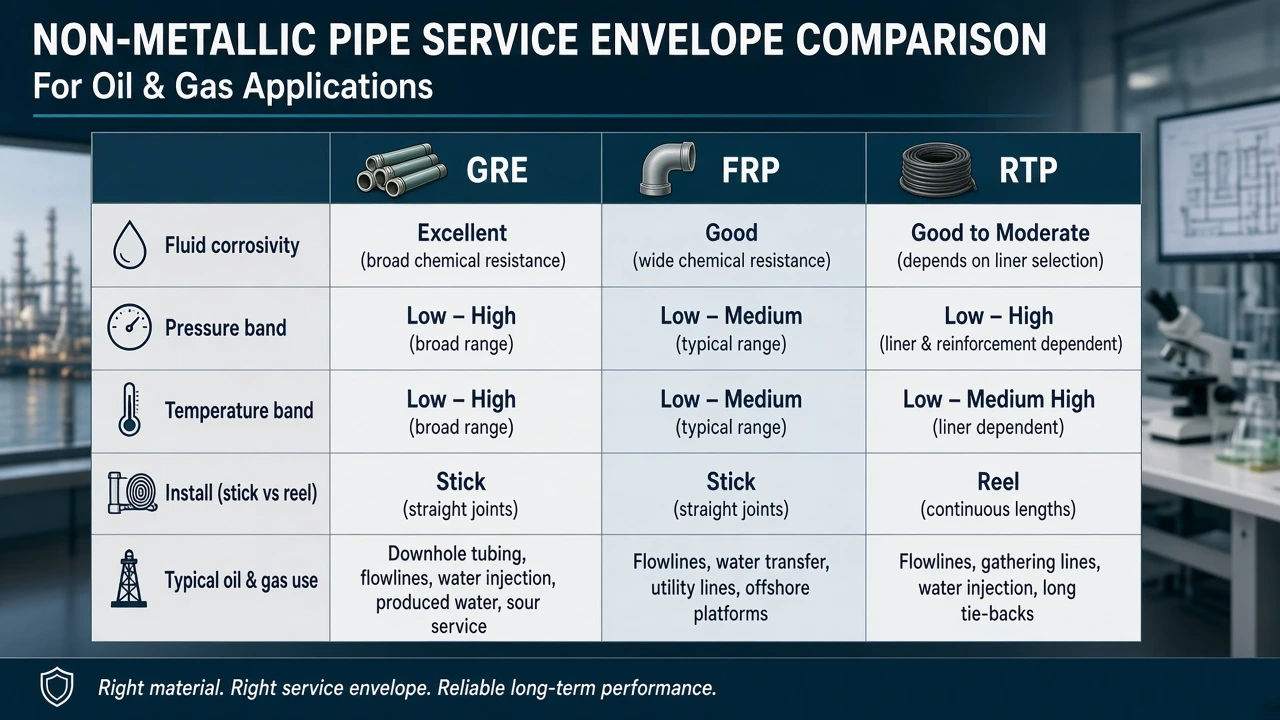 Service-envelope comparison table for non-metallic pipe: GRE vs FRP vs RTP by fluid, pressure, temperature, install, and oil & gas use