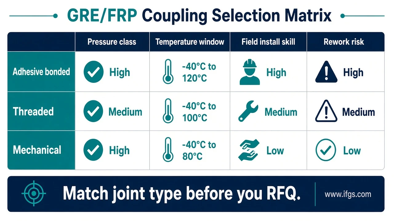 Selection matrix matching fiberglass coupling type to pressure and temperature service