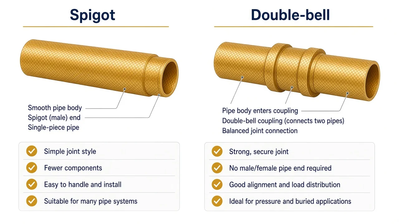 Side-by-side comparison of spigot joint and double-bell coupling