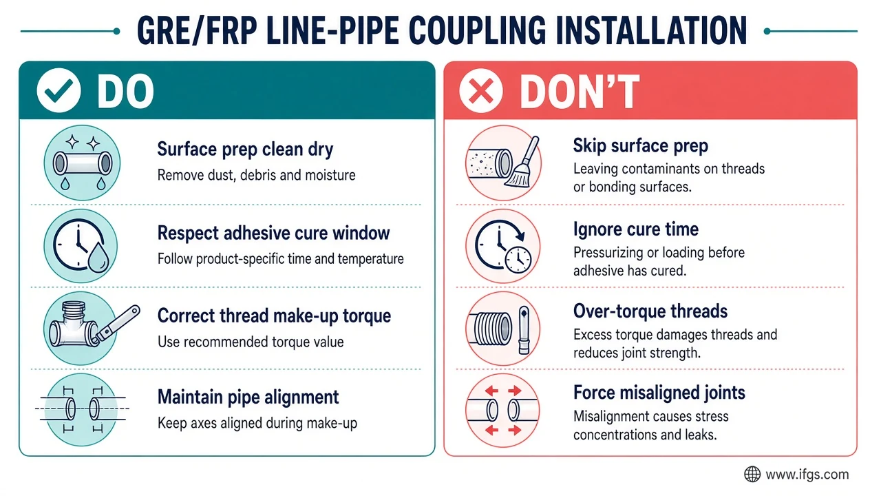 Install do and do not board for adhesive bonded and threaded fiberglass couplings