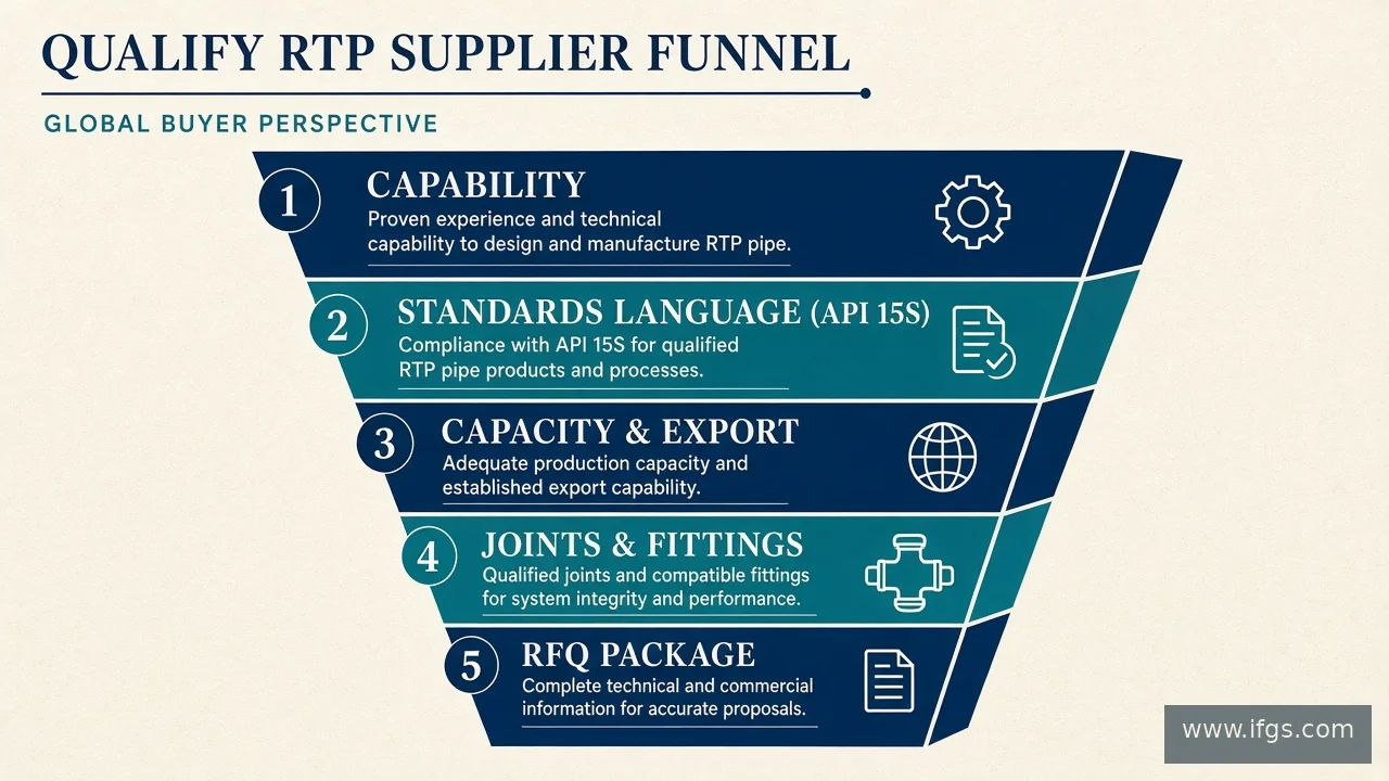 Qualify-supplier funnel for RTP: capability, API Spec 15S language, capacity and export, joints or fittings, then RFQ