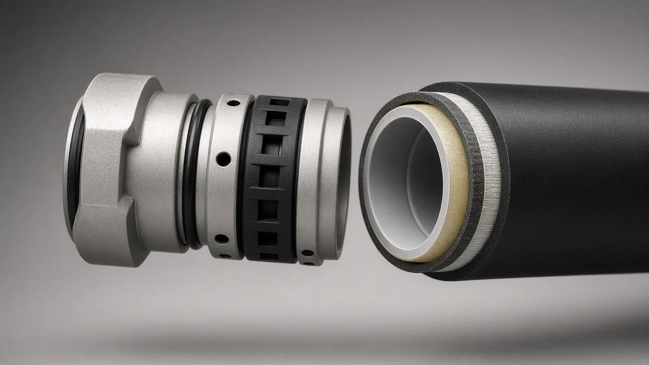 Studio close-up of RTP multilayer wall and mechanical end fitting