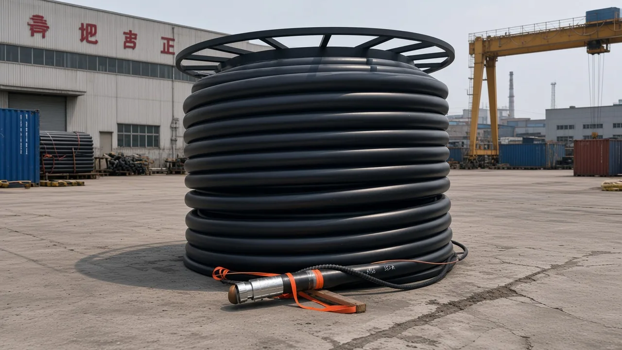 Composite pipe reel in a Chinese industrial yard