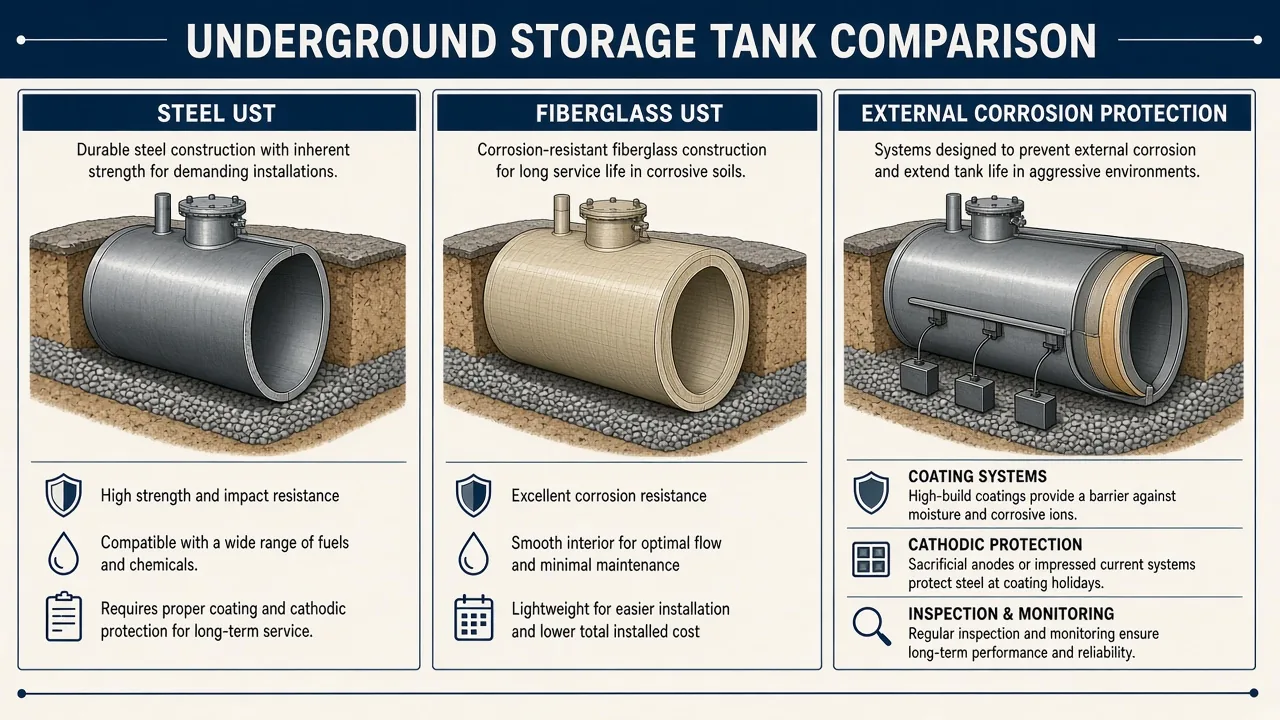 Comparison diagram: steel UST, fiberglass UST, external corrosion protection