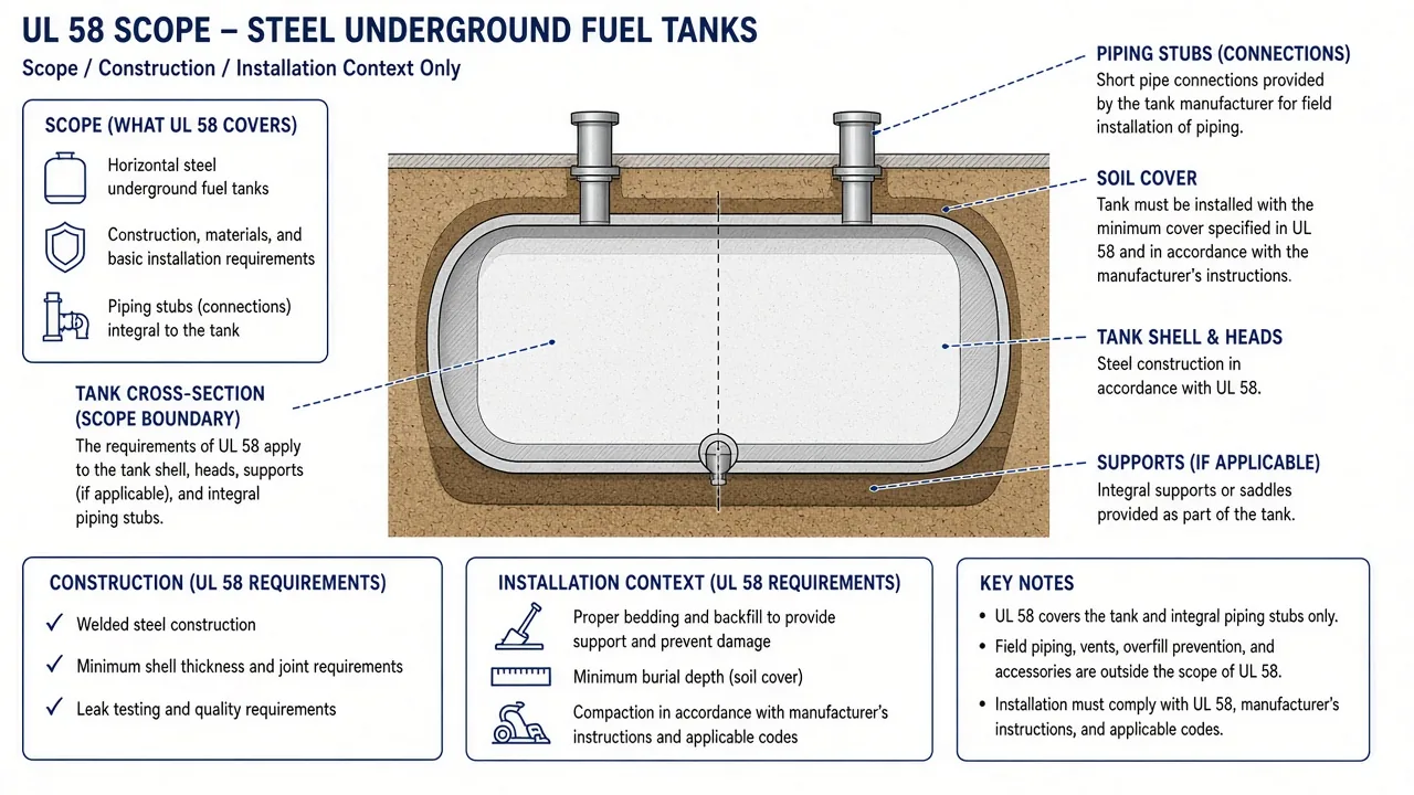 Conceptual diagram of UL 58 scope — steel underground tank construction vs related standards