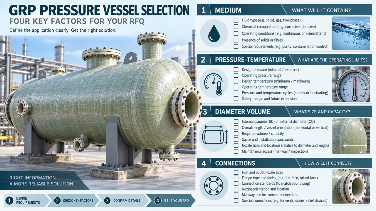 GRP pressure vessel RFQ decision schematic: medium & P–T, diameter/volume & ID×P, connections & datasheet
