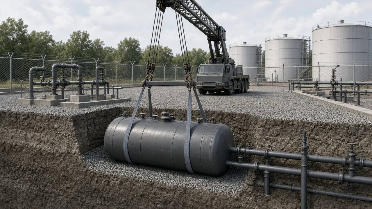 Realistic render of a horizontal underground storage tank being lowered into an excavation at a tank yard