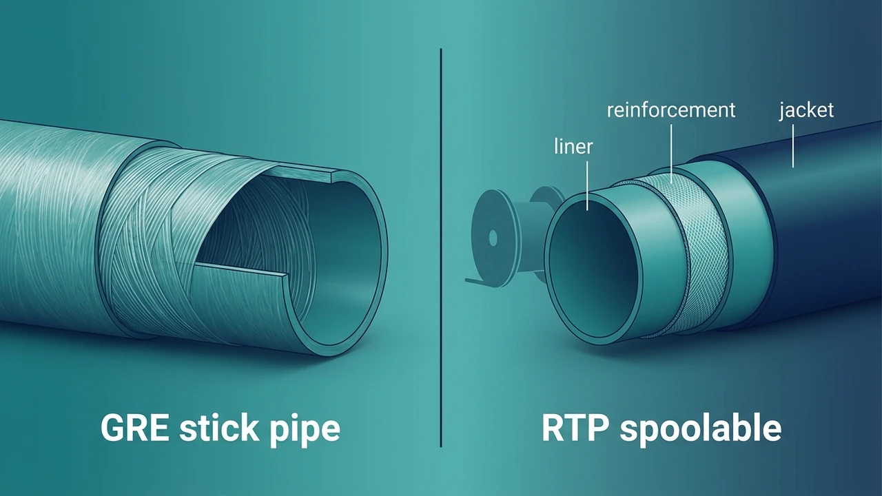 Side-by-side cutaways — GRE stick pipe (15HR/15LR family) vs spoolable RTP (15S family) with liner, reinforcement and jacket labeled