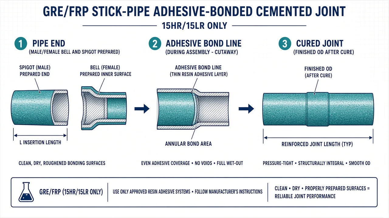GRE/FRP adhesive-bonded cemented joint cutaway — pipe end, adhesive bond line, cured joint