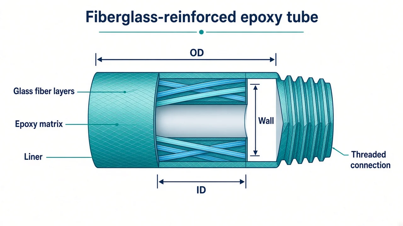 Fiberglass-reinforced epoxy tube cutaway — filament-wound glass fiber layers in epoxy, liner, OD, ID and wall labeled, threaded connection end