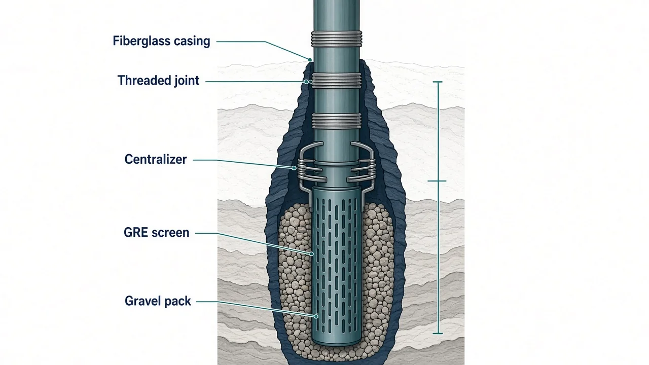 Fiberglass GRE well casing string cutaway — casing, threaded joint, screen section, gravel pack in borehole.