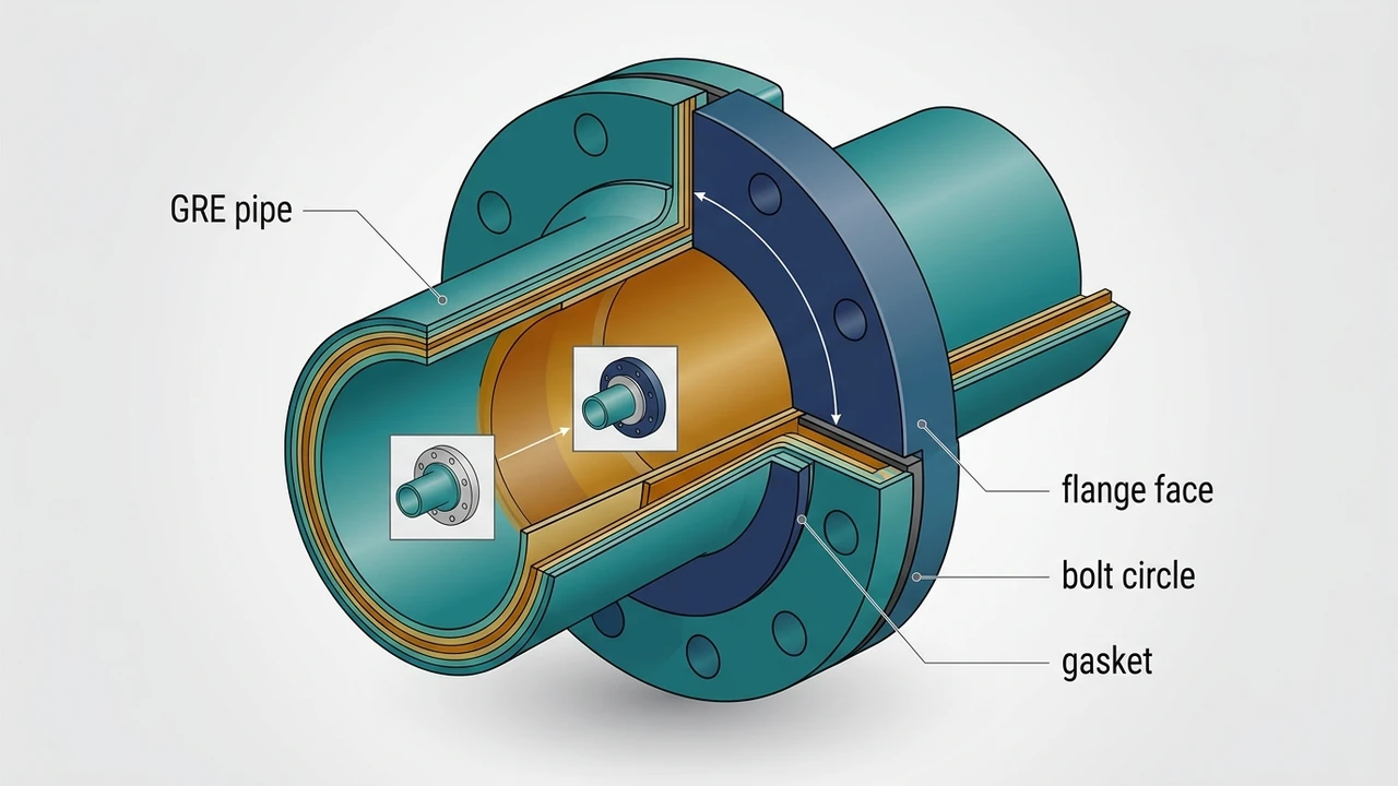 Fiberglass pipe flanged joint cutaway — GRE pipe wall, FRP or metal flange face, bolt circle and gasket zone labeled