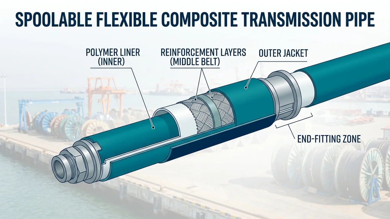 Flexible composite pipe cutaway — polymer liner, reinforcement layers, outer jacket, and end-fitting zone labeled