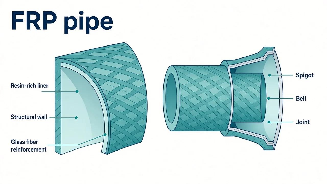 FRP pipe cutaway — glass fiber reinforcement in a thermoset resin, resin-rich liner, structural wall and a typical joint end labeled