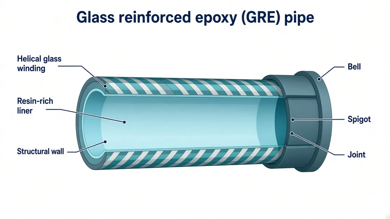 GRE pipe cutaway — filament-wound glass fiber in epoxy, resin-rich liner, structural wall and a bell-and-spigot joint labeled