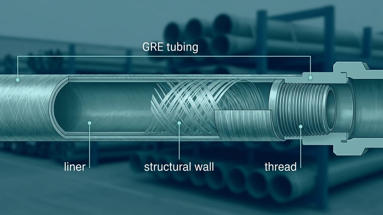 GRE tubing cutaway — epoxy resin liner, glass fiber structural wall, and a threaded pin/box end labeled