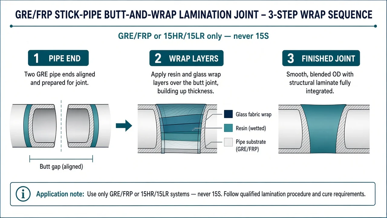 Cutaway or three-step wrap sequence of a GRE/FRP lamination joint: pipe ends, resin/glass wrap layers, finished OD blend