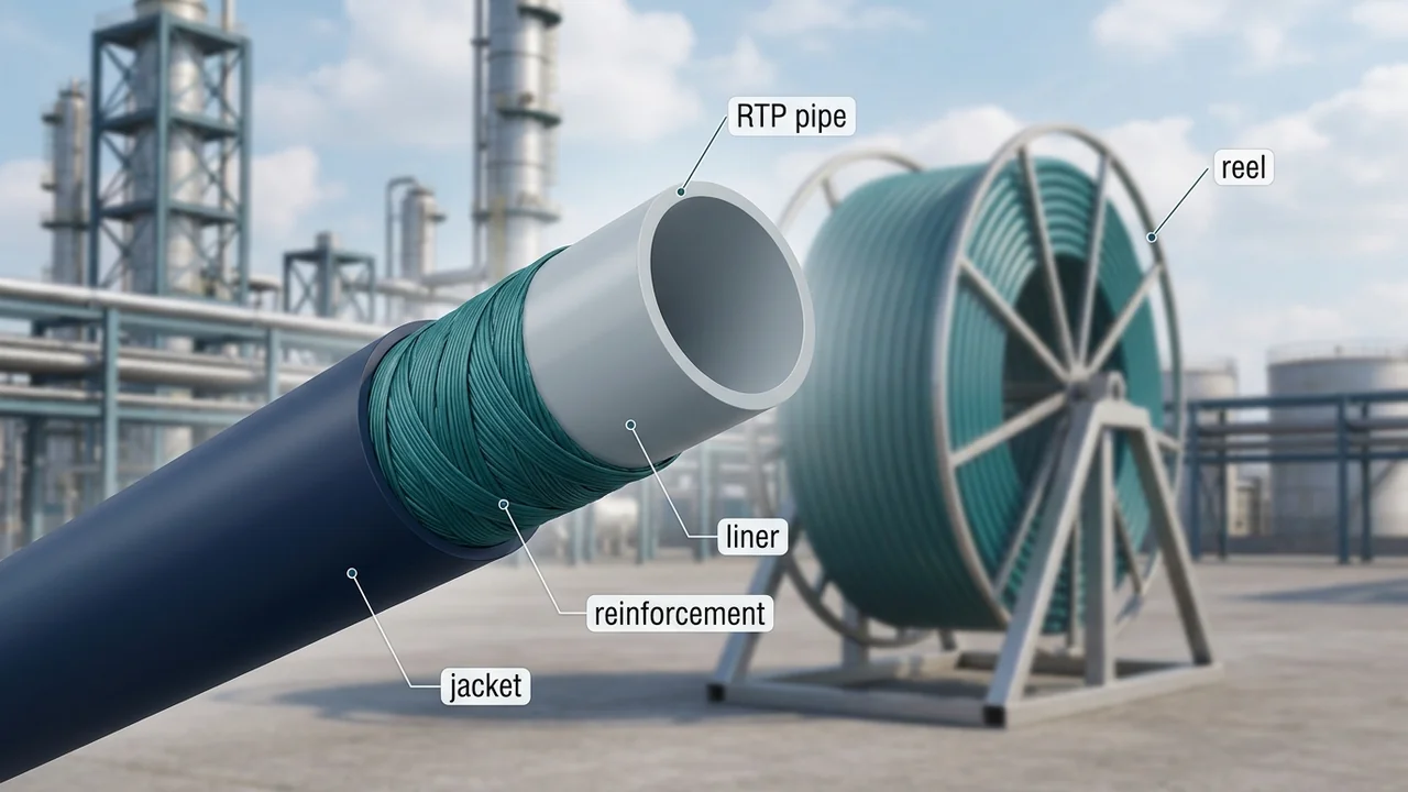 RTP pipe cutaway — thermoplastic liner, reinforcement layers and outer jacket, with a spoolable reel in the background