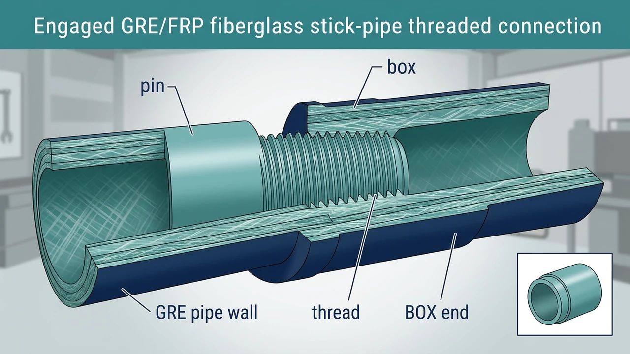 Fiberglass pipe thread joint cutaway — pin and box ends, thread flanks, optional coupling sleeve labeled