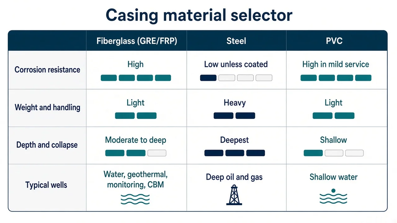 Selector matrix — fiberglass vs steel vs PVC well casing by corrosion, weight, depth and handling. Qualitative only, no numbers.