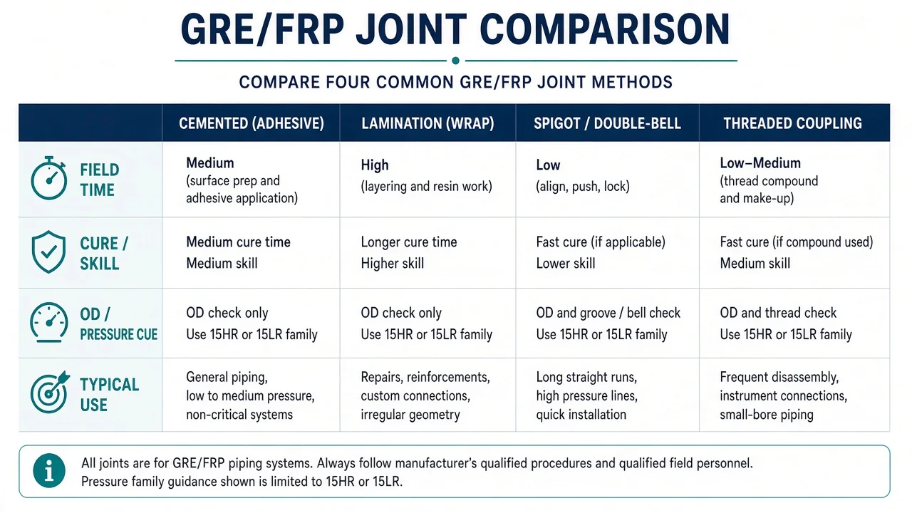 Comparison matrix — cemented vs lamination wrap vs spigot/double-bell vs threaded coupling