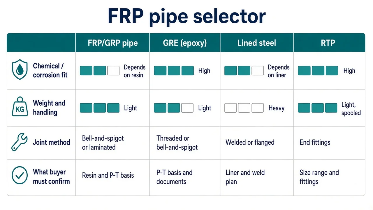 Selector matrix — FRP/GRP pipe vs GRE pipe vs lined steel vs RTP by chemical fit, weight, joints and what buyers must confirm