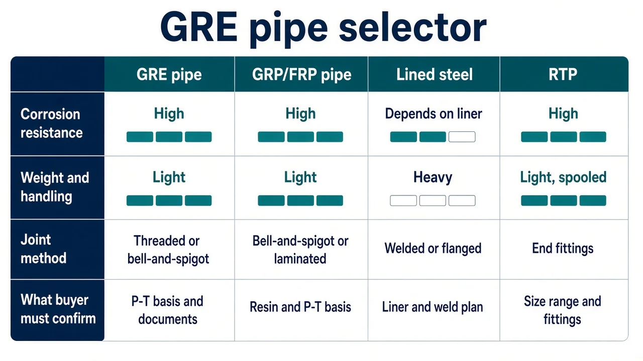 Selector matrix — GRE pipe vs GRP/FRP pipe vs lined steel vs RTP by corrosion, weight, joints and what buyers must confirm