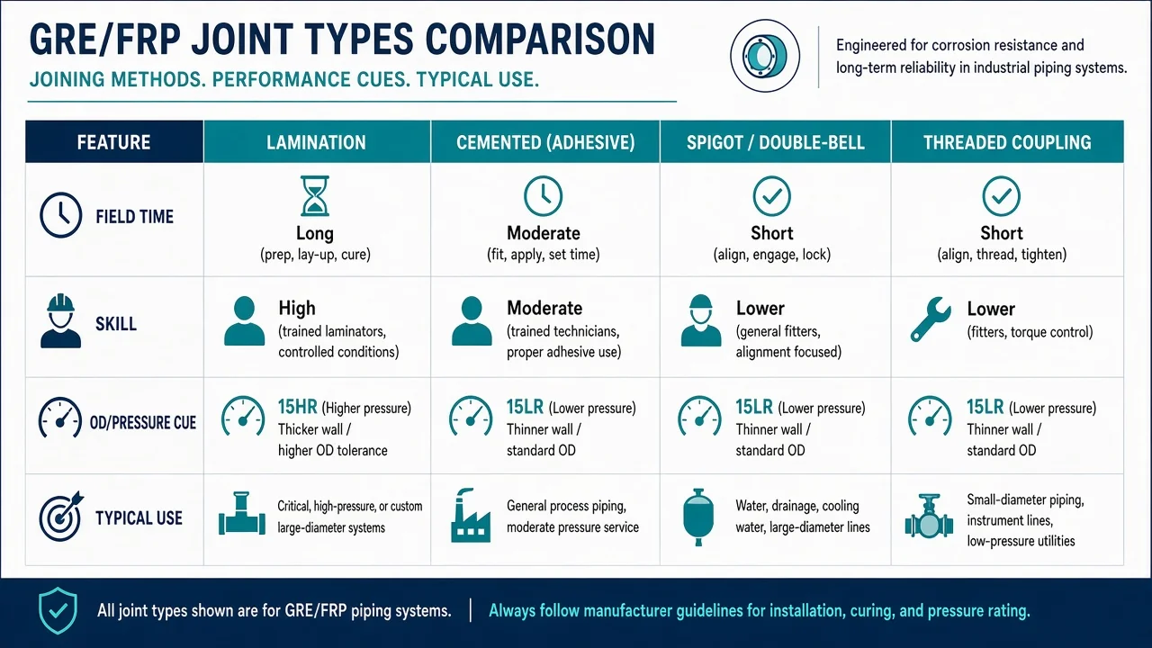 Comparison matrix: Lamination vs Cemented (adhesive) vs Spigot/double-bell vs Threaded coupling by field time, skill, OD/pressure cue, and typical use