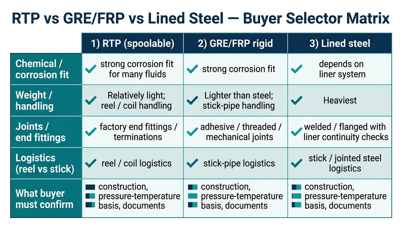 Selector matrix — RTP vs GRE/FRP rigid pipe vs lined steel by corrosion fit, weight, joints/end fittings and what buyers must confirm