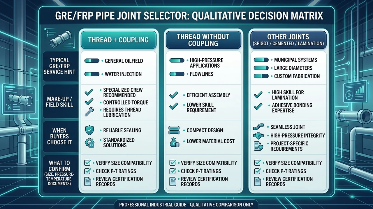 Selector matrix — thread joint with coupling vs without coupling vs adhesive/spigot options by service fit and what buyers must confirm