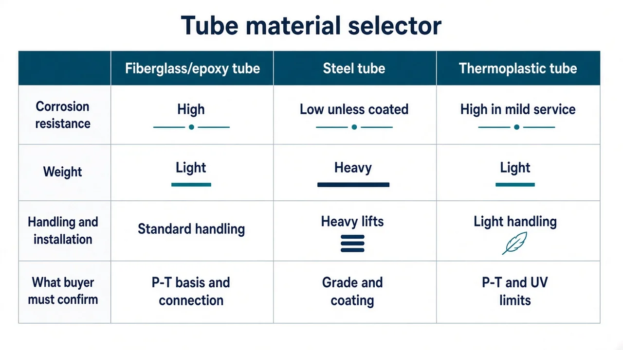 Selector matrix — fiberglass epoxy tube vs steel tube vs thermoplastic tube by corrosion, weight, handling and what to confirm