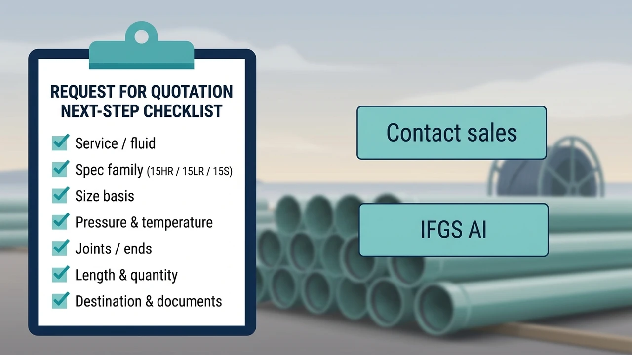 RFQ next step — share service, Spec family, size, pressure-temperature, joints, length and documents; Contact sales or IFGS AI