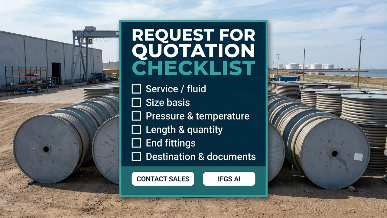 RFQ next step — share service, size, pressure-temperature, length, end fittings and documents; Contact sales or IFGS AI