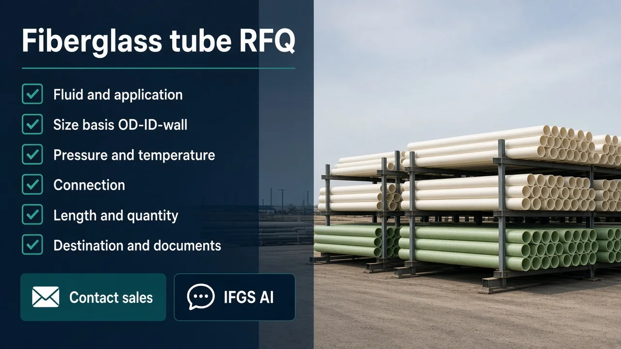RFQ next step — share fluid, size basis OD/ID/wall, pressure, temperature, connection, length and quantity; Contact sales or IFGS AI