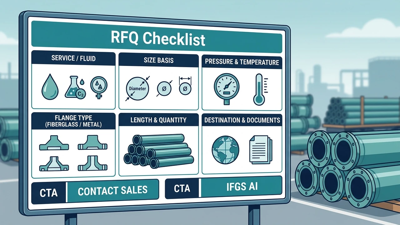 RFQ next step — share service, size, pressure-temperature, flange type (fiberglass or metal), length and documents; Contact sales or IFGS AI