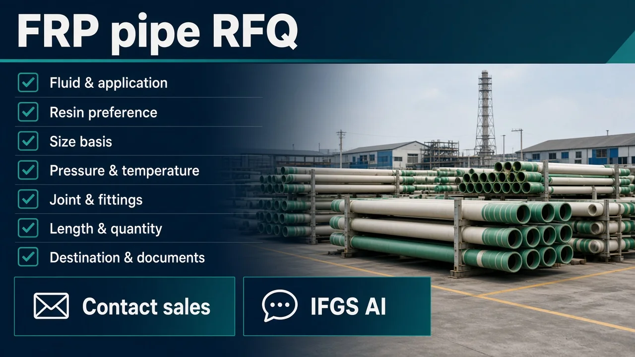 RFQ next step — share fluid, resin preference, size, pressure, temperature, joint type, fittings, length and quantity; Contact sales or IFGS AI