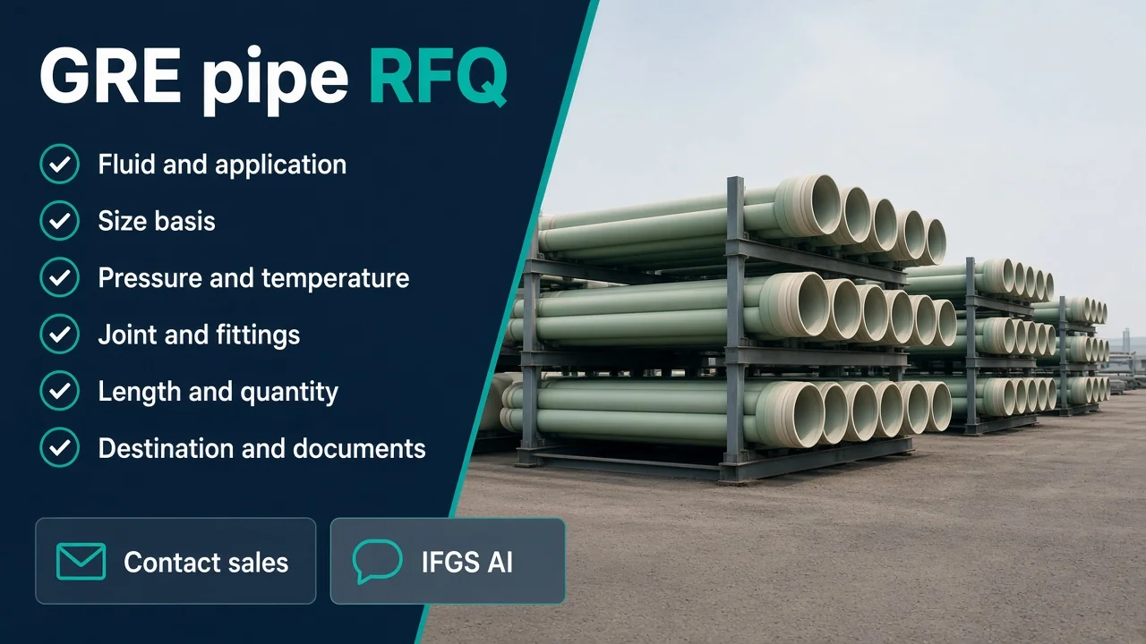 RFQ next step — share fluid, size, pressure, temperature, joint type, fittings, length and quantity; Contact sales or IFGS AI