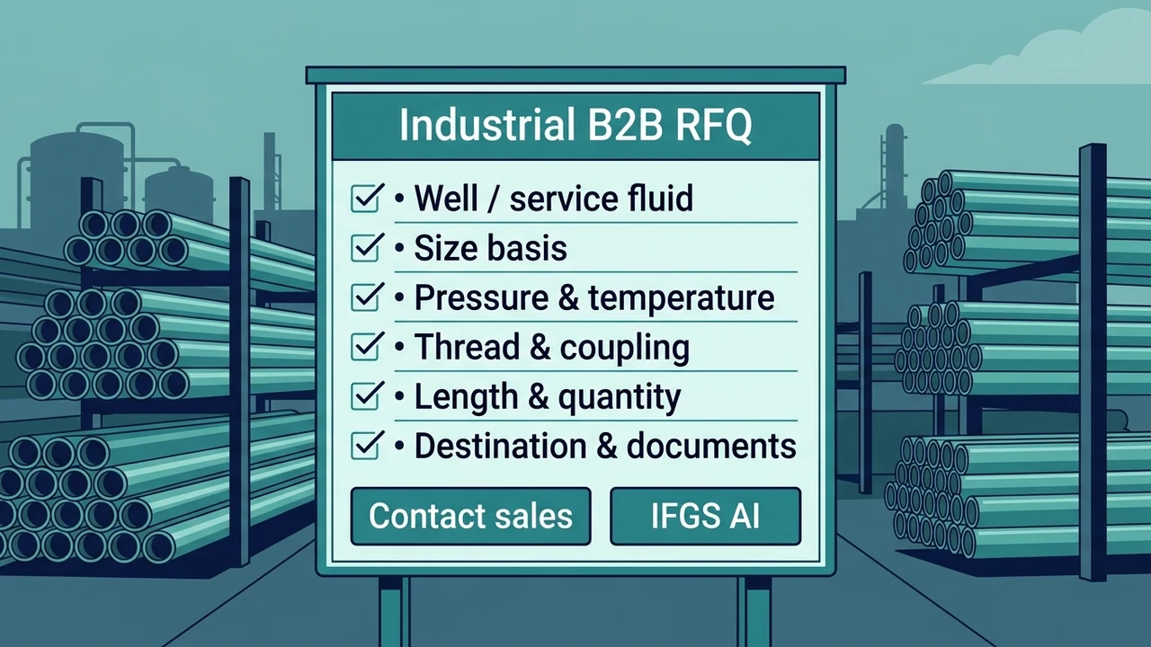 RFQ next step — share well/service, size, pressure, temperature, thread/coupling, length and quantity; Contact sales or IFGS AI