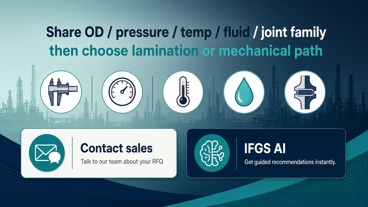 Buyer RFQ next-step board: share OD, pressure, temp, fluid, joint family for lamination or mechanical path — Contact sales and IFGS AI CTAs