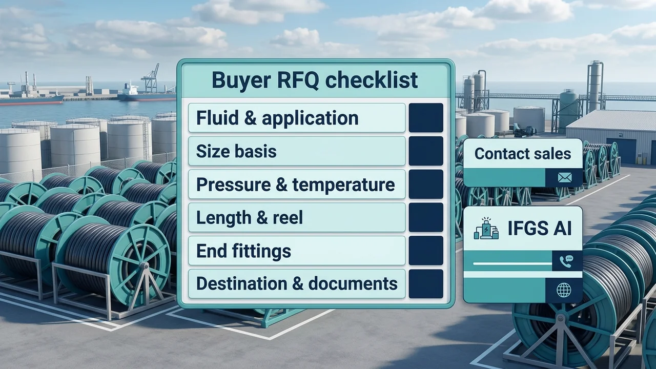 RFQ next step — share fluid, size, pressure, temperature, length on reel, end fittings and destination; Contact sales or IFGS AI