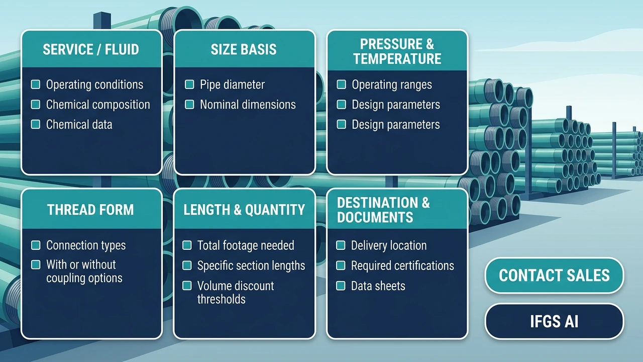 RFQ next step — share service, size, pressure-temperature, thread form (with/without coupling), length and documents; Contact sales or IFGS AI
