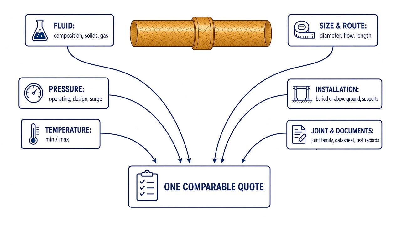 High-pressure fiberglass line pipe RFQ schematic: six labelled fields (fluid, pressure envelope, temperature, size and route, installation, joint and documents) feeding one comparable quote