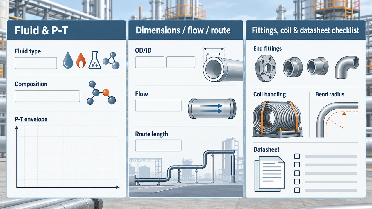 RTP pipe RFQ decision schematic — fluid P-T, route, fittings and datasheet